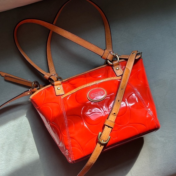 Coach Orange Patent Leather Crossbody Tote Shoulder Bag Zipper Closure Vintage - Picture 16 of 17